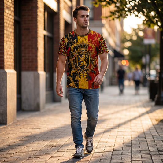 Model wearing Belgium football jersey walking urban sidewalk during golden hour, emphasizing vibrant heritage colors and natural draping.