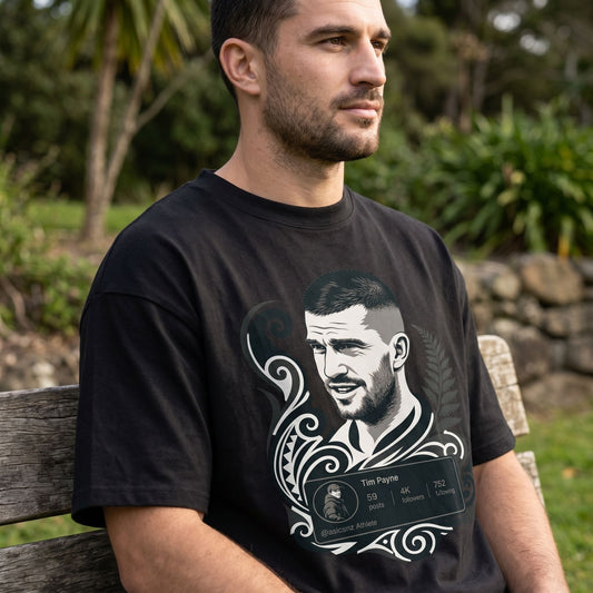 Close-up of the Tim Payne #2 World Cup 2026 Hype Oversize Shirt highlighting heavyweight cotton texture and structured feel on a seated model outdoors.