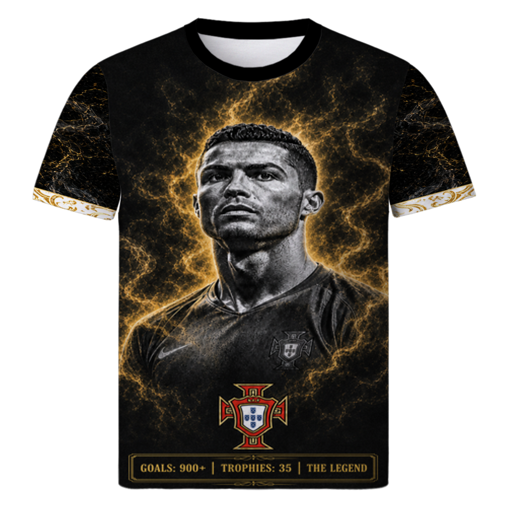 Cristiano Ronaldo Legacy – The Last Dance all-over print shirt in white, full front product view of the World Cup 2026 fan design
