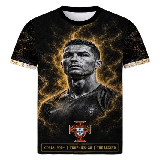 Cristiano Ronaldo Legacy – The Last Dance all-over print shirt in white, full front product view of the World Cup 2026 fan design