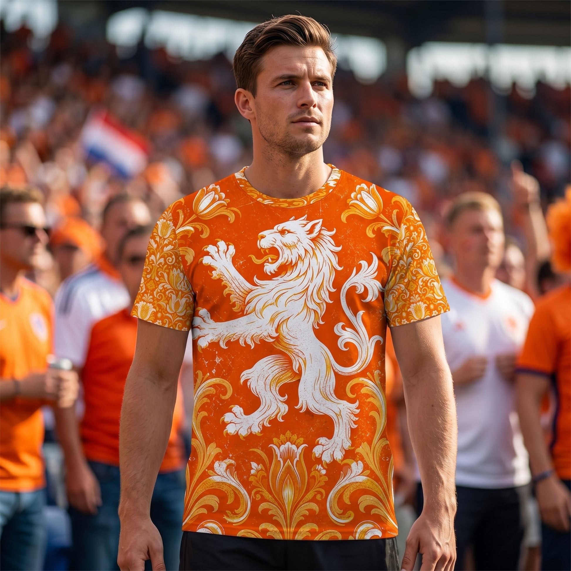Dynamic outdoor action of a player wearing the Netherlands jersey during a match, highlighting fabric texture and ornate print details.
