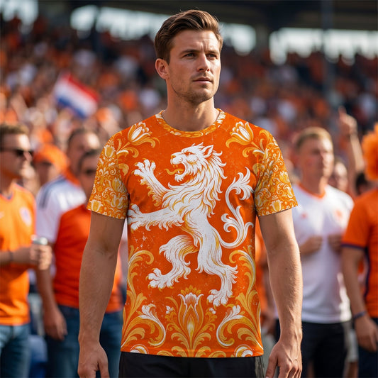 Dynamic outdoor action of a player wearing the Netherlands jersey during a match, highlighting fabric texture and ornate print details.