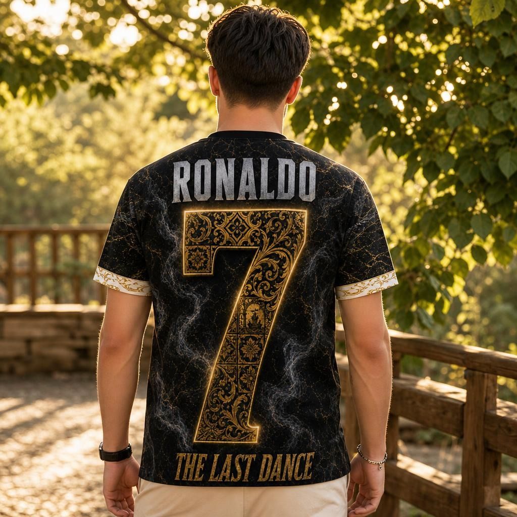 Back view mockup of Cristiano Ronaldo Legacy Last Dance shirt hanging on rustic wooden hanger with natural outdoor background and warm sunlight filtering through leaves.