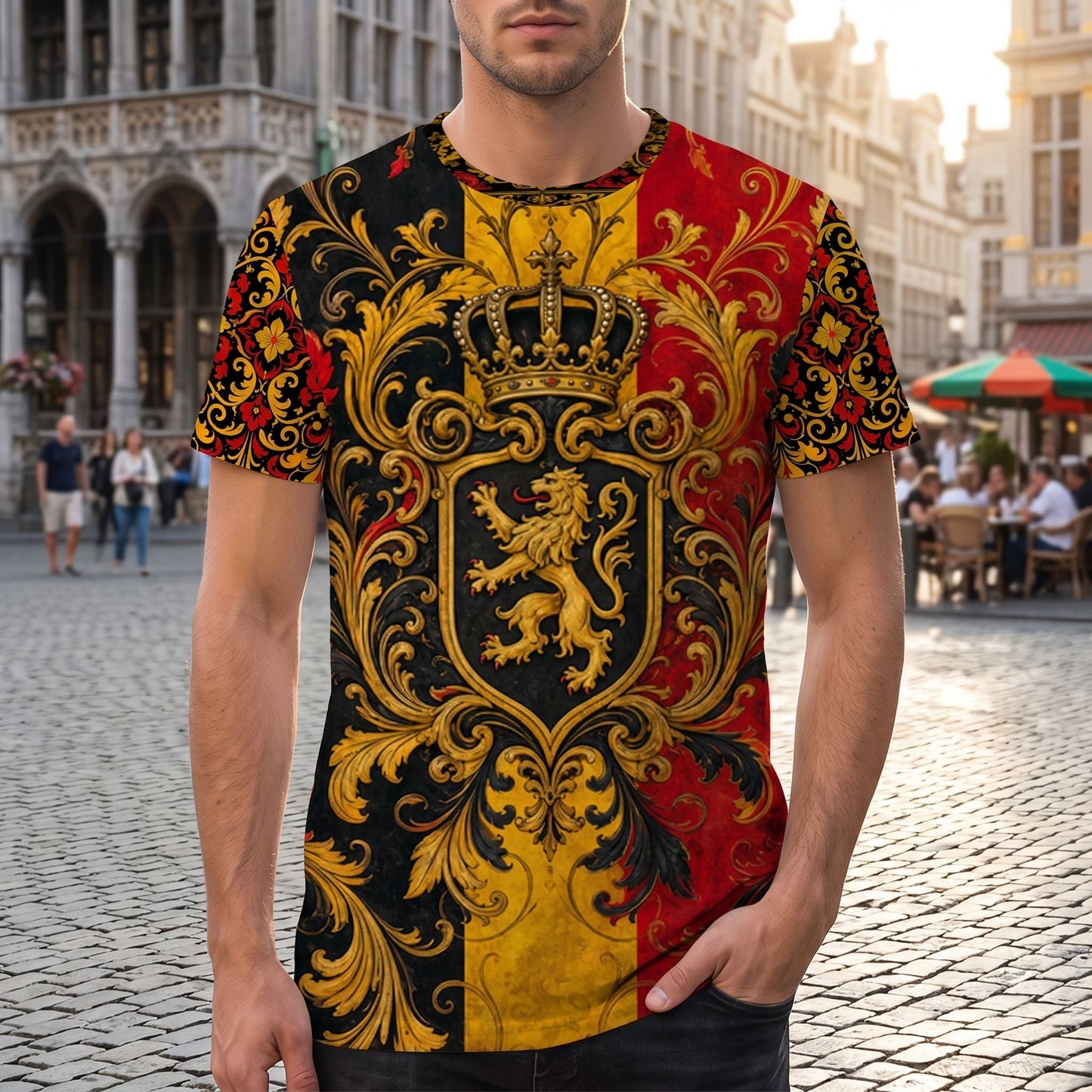 Front view of Belgium football fan jersey worn by model outdoors, highlighting all-over print and intricate Art Nouveau design.