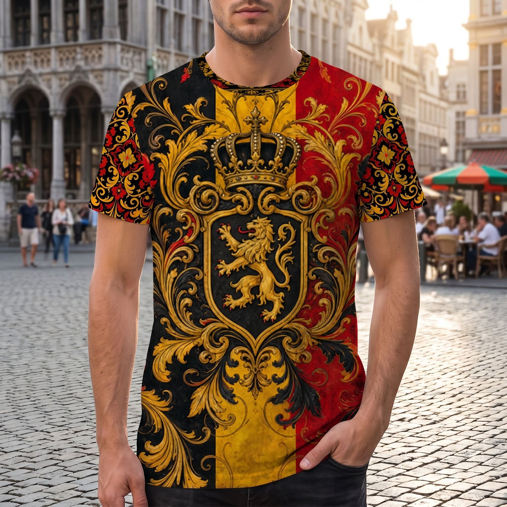 Front view of Belgium football fan jersey worn by model outdoors, highlighting all-over print and intricate Art Nouveau design.