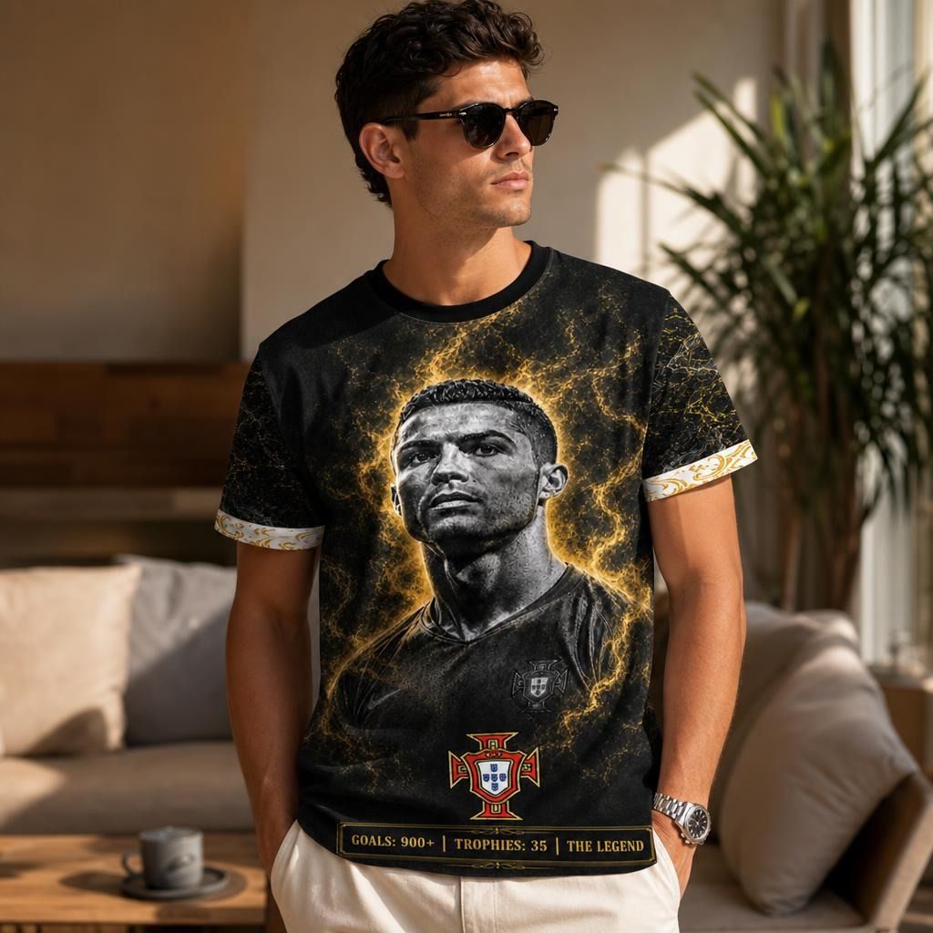 Model in a bright lounge area wearing Cristiano Ronaldo all-over print shirt, emphasizing vibrant colors and detailed design.