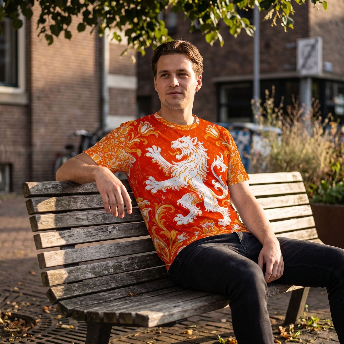 Casual fan in urban environment wearing the Netherlands jersey, with warm late afternoon lighting and vivid heritage design.