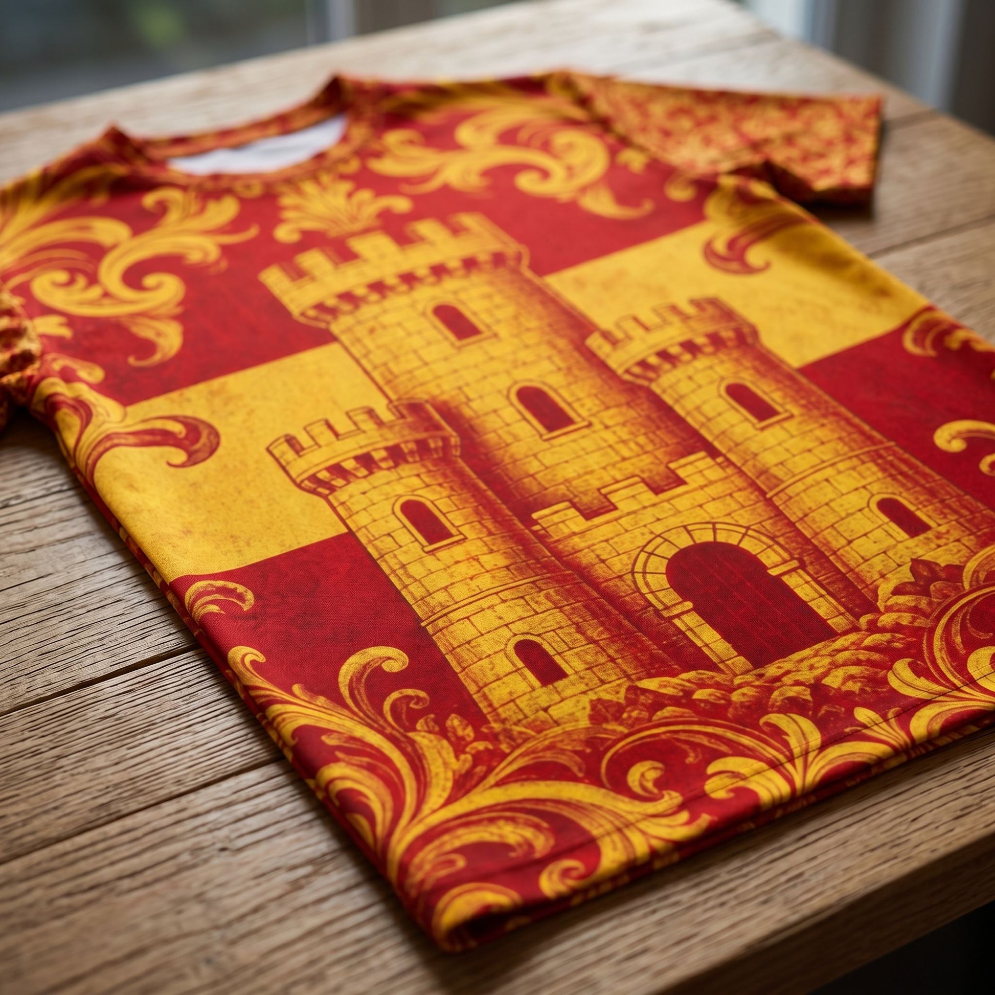 Close-up of Spain football jersey showcasing intricate all-over print design with Renaissance scrollwork and heraldic castle.