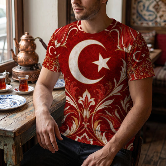 Close-up of Turkey Ottoman Tugra Heritage T-shirt at a Turkish cafe, showing rich red and gold colors and textile details.