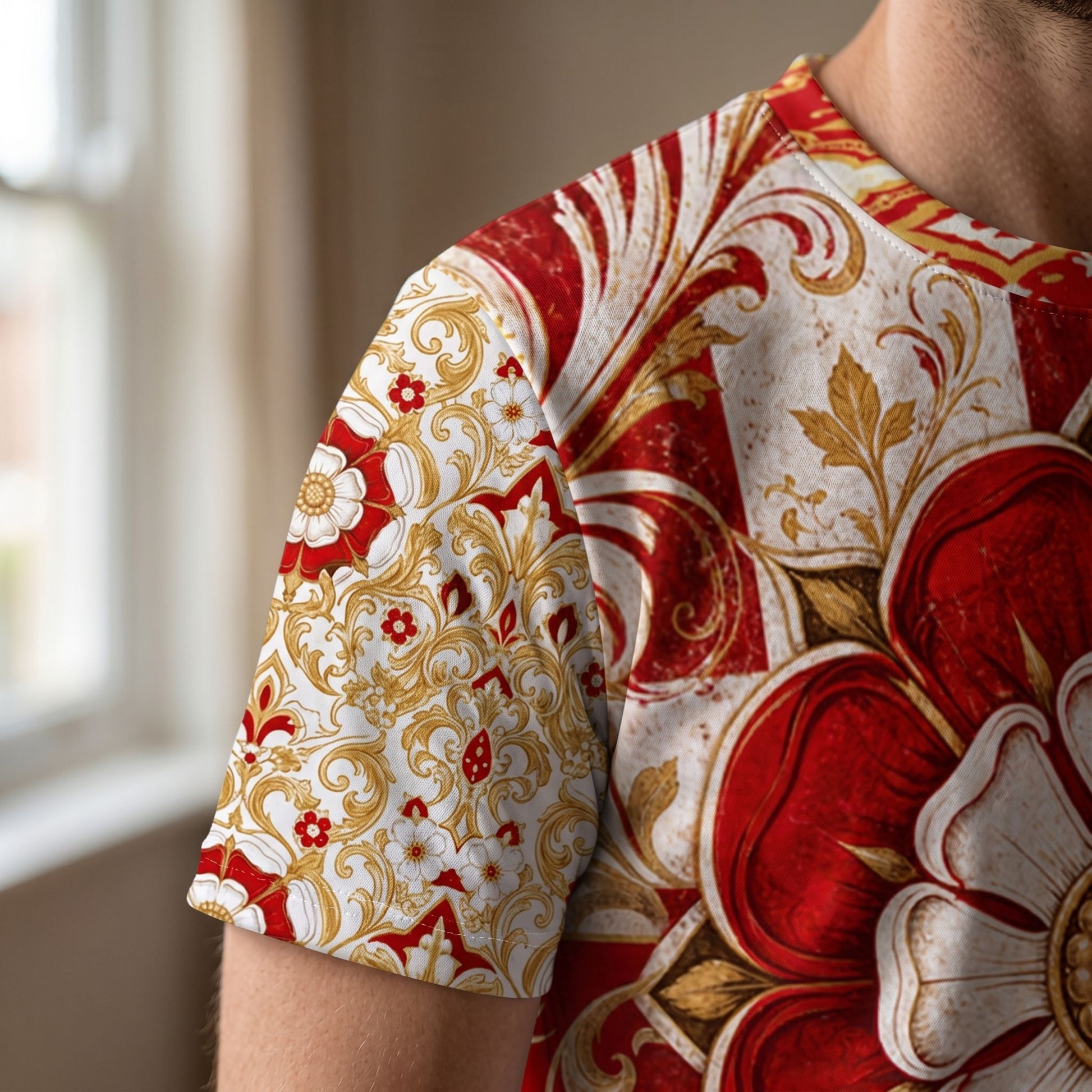 Macro shot of jersey sleeve and shoulder showing fabric texture, detailed print, and heritage patterns with soft daylight lighting.