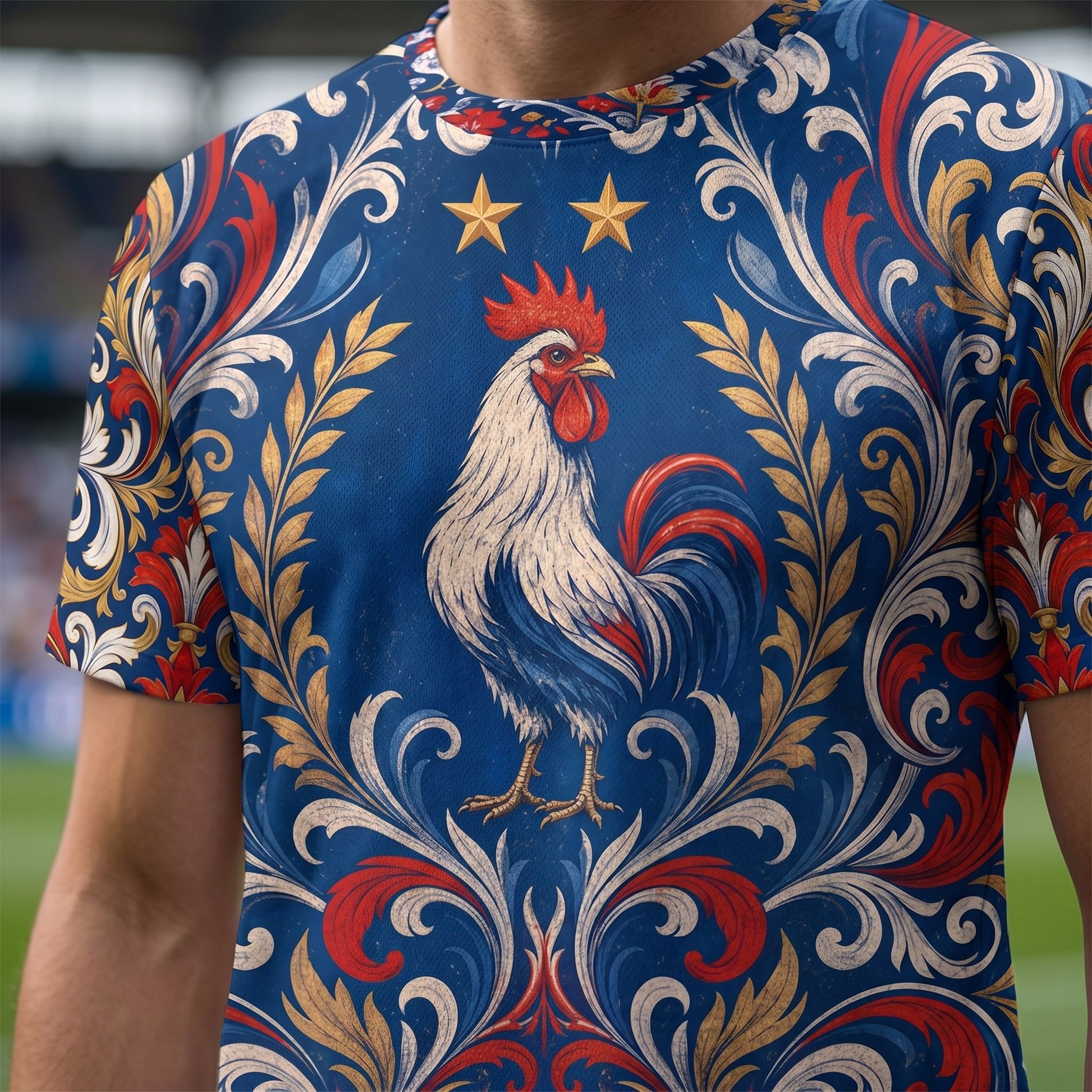 Detailed close-up of France Football Jersey's fabric texture and heritage design featuring vibrant print and intricate ornamentation.