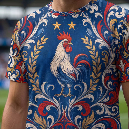 Detailed close-up of France Football Jersey's fabric texture and heritage design featuring vibrant print and intricate ornamentation.