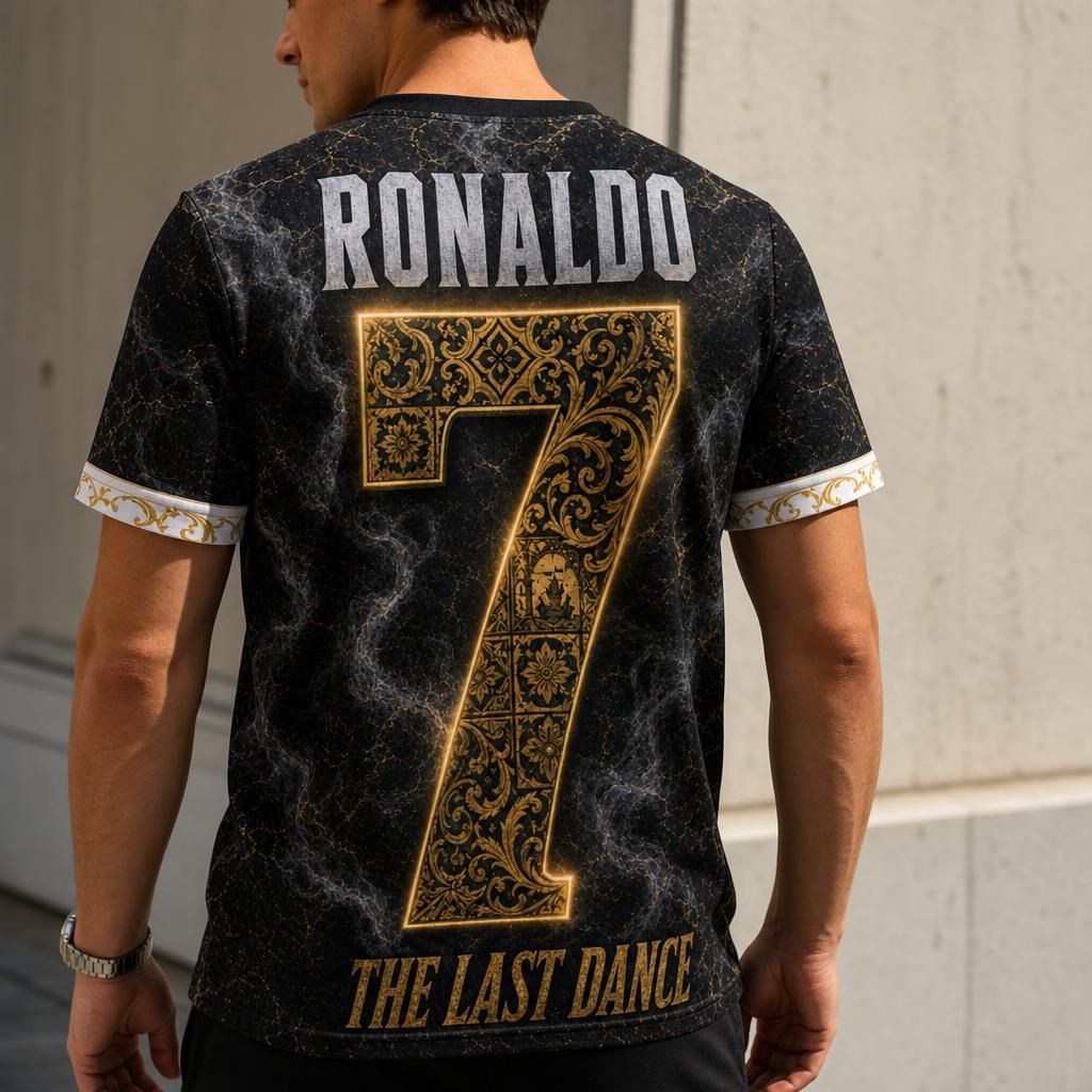 Close-up of the Cristiano Ronaldo Legacy T-shirt's detailed back print showcasing vibrant colors and edge-to-edge sublimation design.