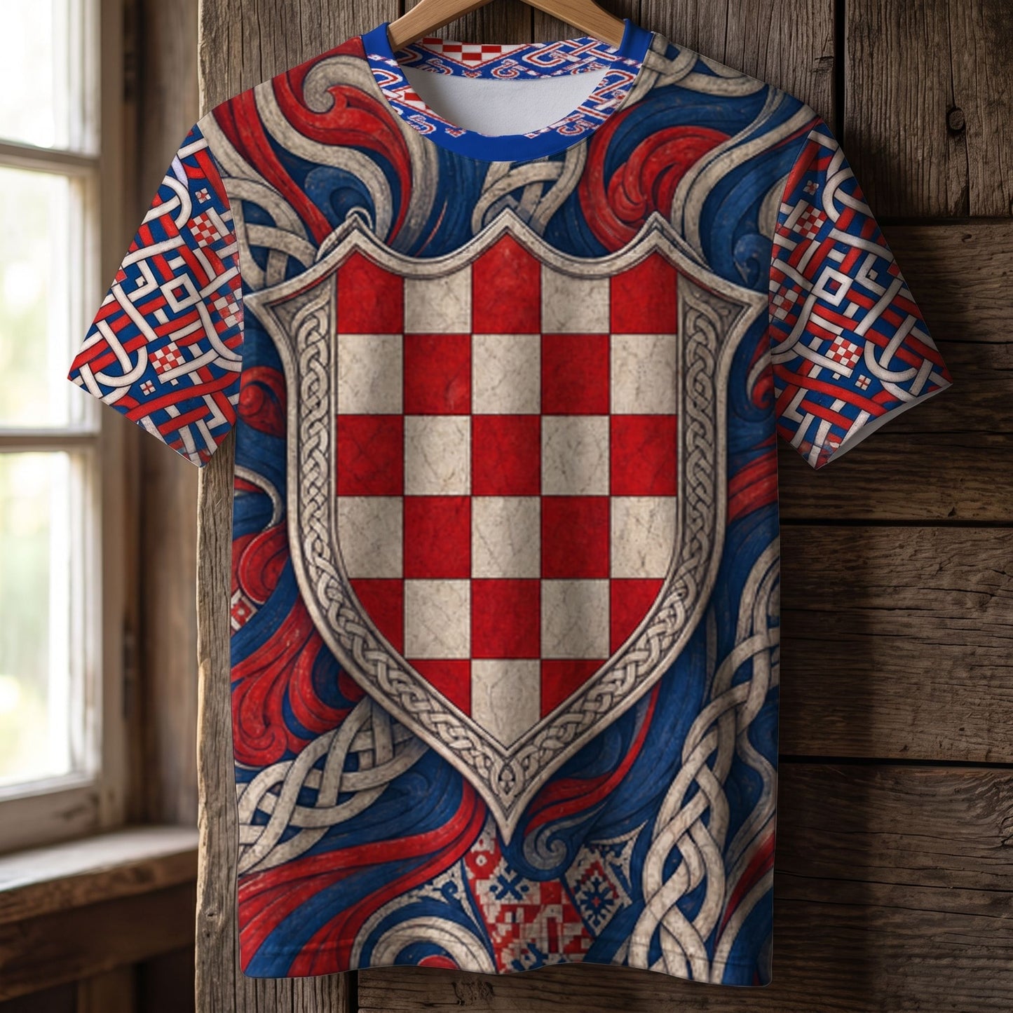 Close-up of Croatia Checkered Heritage T-shirt showing vibrant red and white checkered pattern with folk-art knotwork against wood.