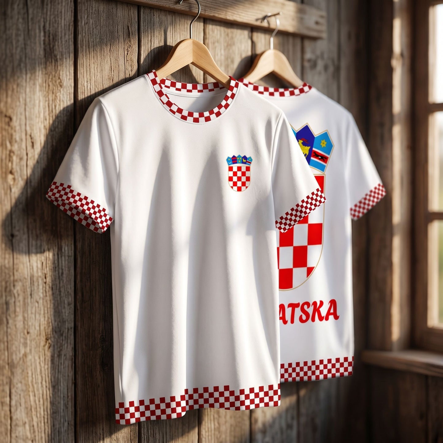 Small Croatia football jersey on wooden hanger in cozy rustic setting, featuring red-and-white checkerboard pattern and national coat of arms.