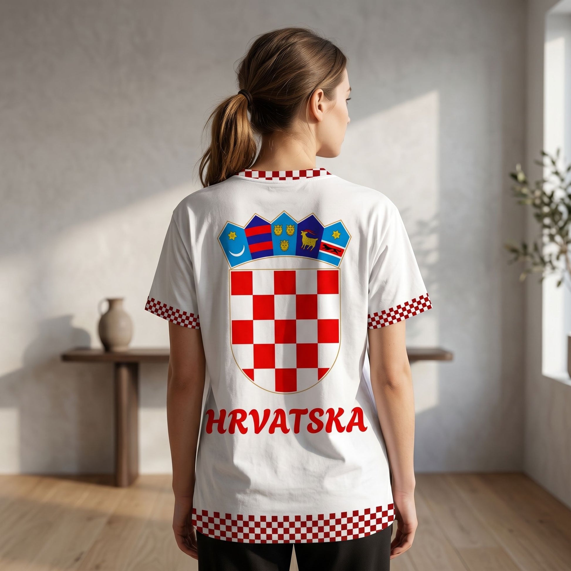Model wearing Croatia football jersey in modern room, showing full back with coat of arms, detailed fabric texture, and crisp pattern.