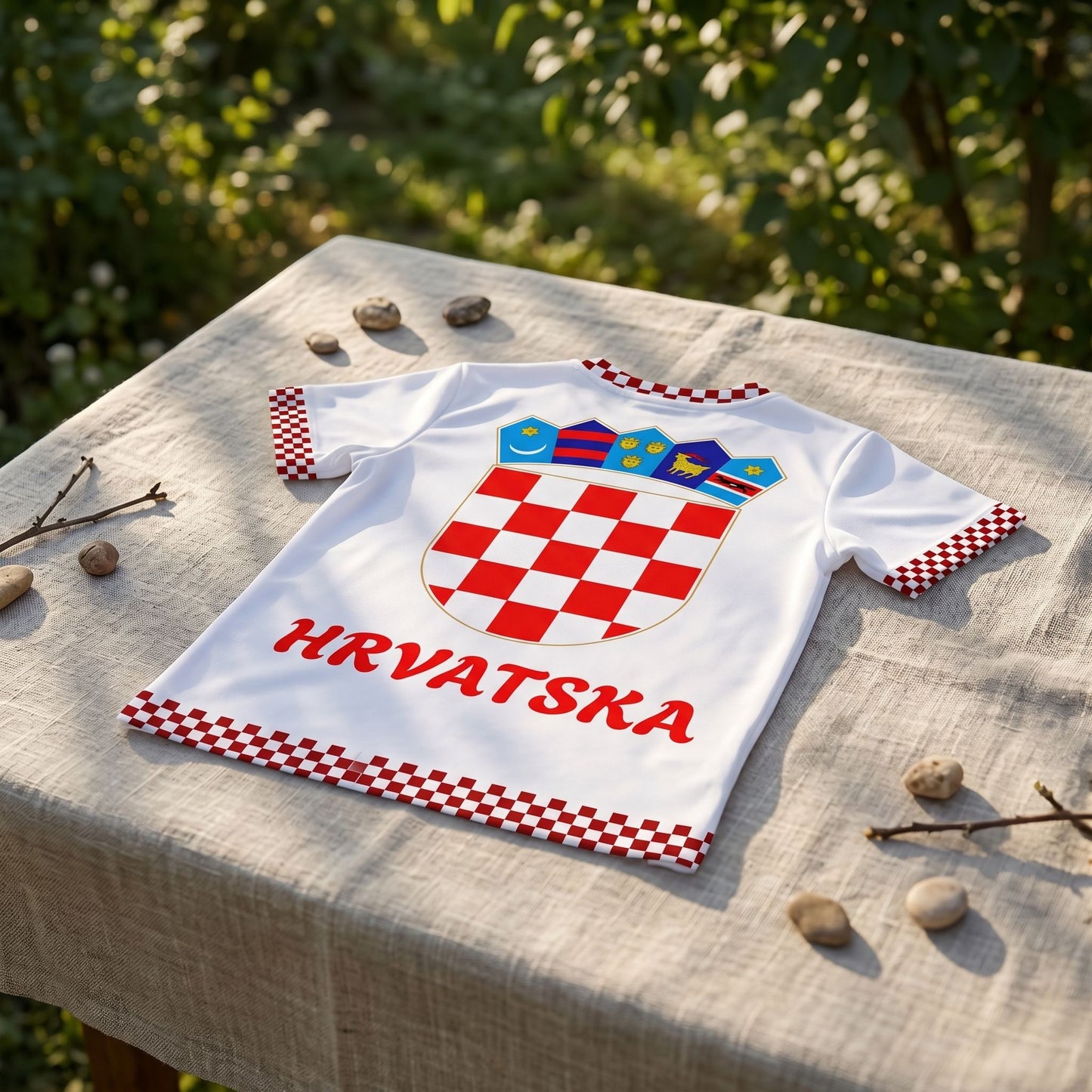 Flat lay of Croatia football jersey on linen tablecloth in garden, highlighting vibrant print and detailed design in natural morning light.