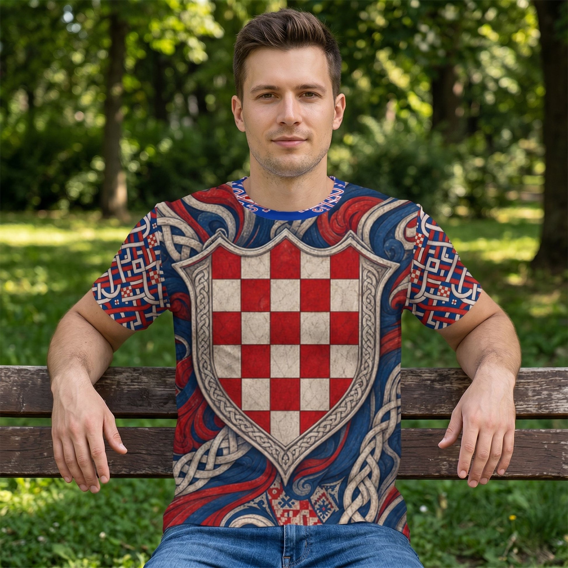 Full-length Croatia fan T-shirt draped on a model seated in a park, showcasing vibrant colors and folk-art design in natural daylight.