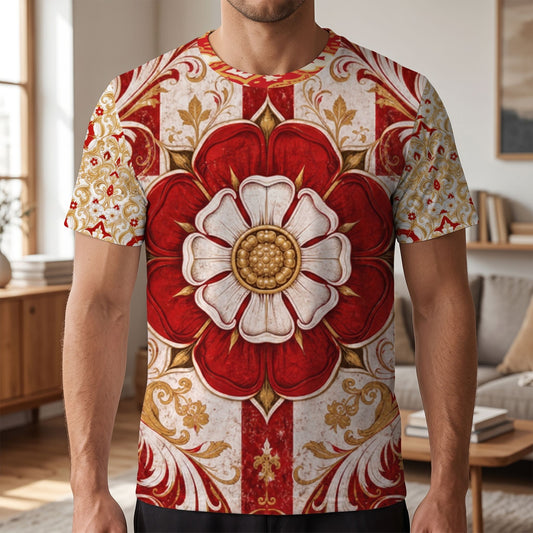 Close-up of England football jersey highlighting all-over print, Three Lions crest, Tudor heraldic patterns, and red and white colors.