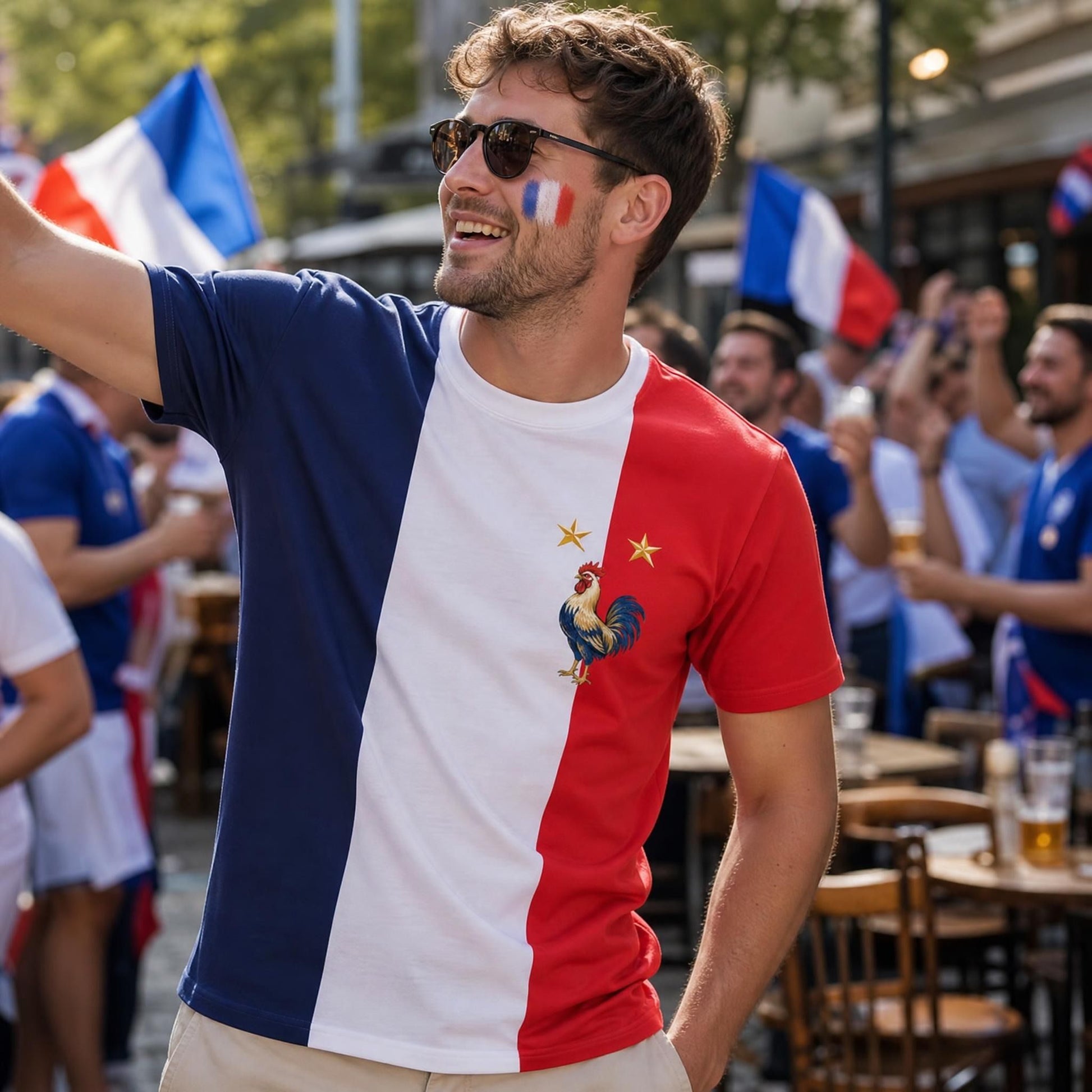 French rooster fan shirt with national colors, portrayed in a cozy, natural environment, ideal for everyday wear and fan support.