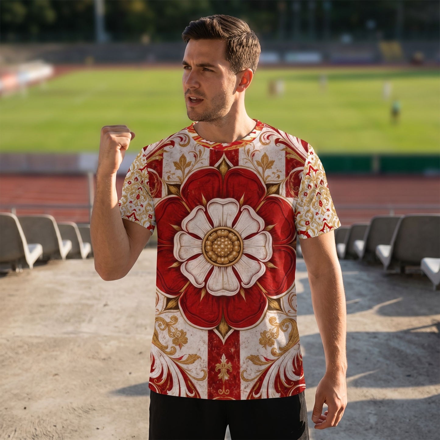 Person wearing England football fan jersey outdoors in stadium setting, showing jersey's texture and bold print in natural lighting.