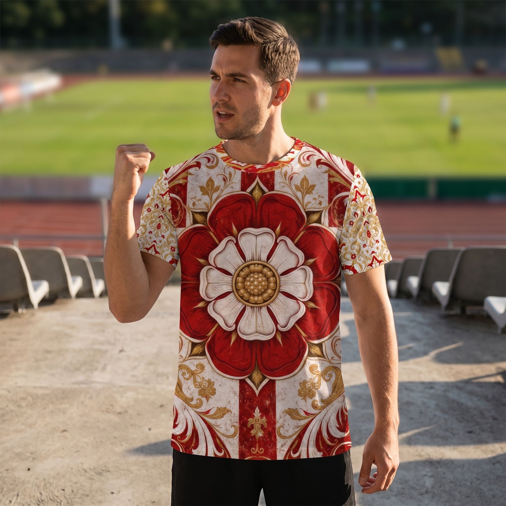 Person wearing England football fan jersey outdoors in stadium setting, showing jersey's texture and bold print in natural lighting.