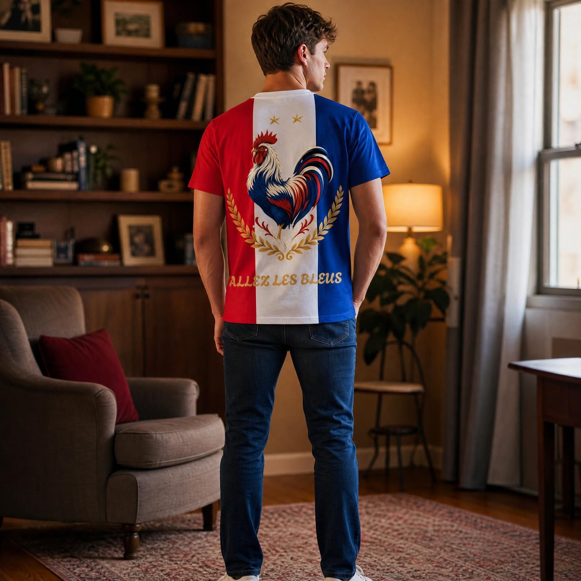 Full-body view of person in France Rooster Fan Shirt standing in a warm, inviting indoor environment, showcasing the shirt's fit and bold design.