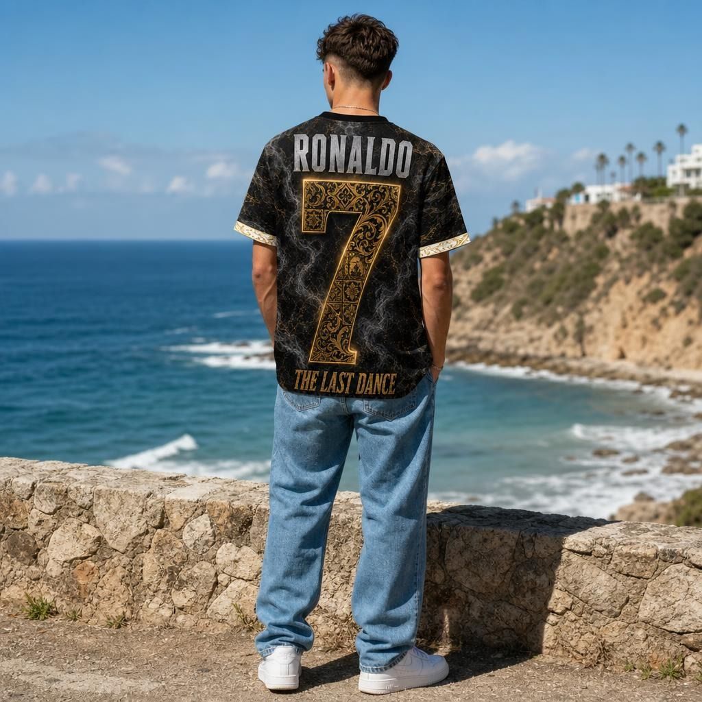 Model wearing Cristiano Ronaldo Legacy T-shirt outdoors on a stone wall, highlighting the relaxed fit and vibrant back print.