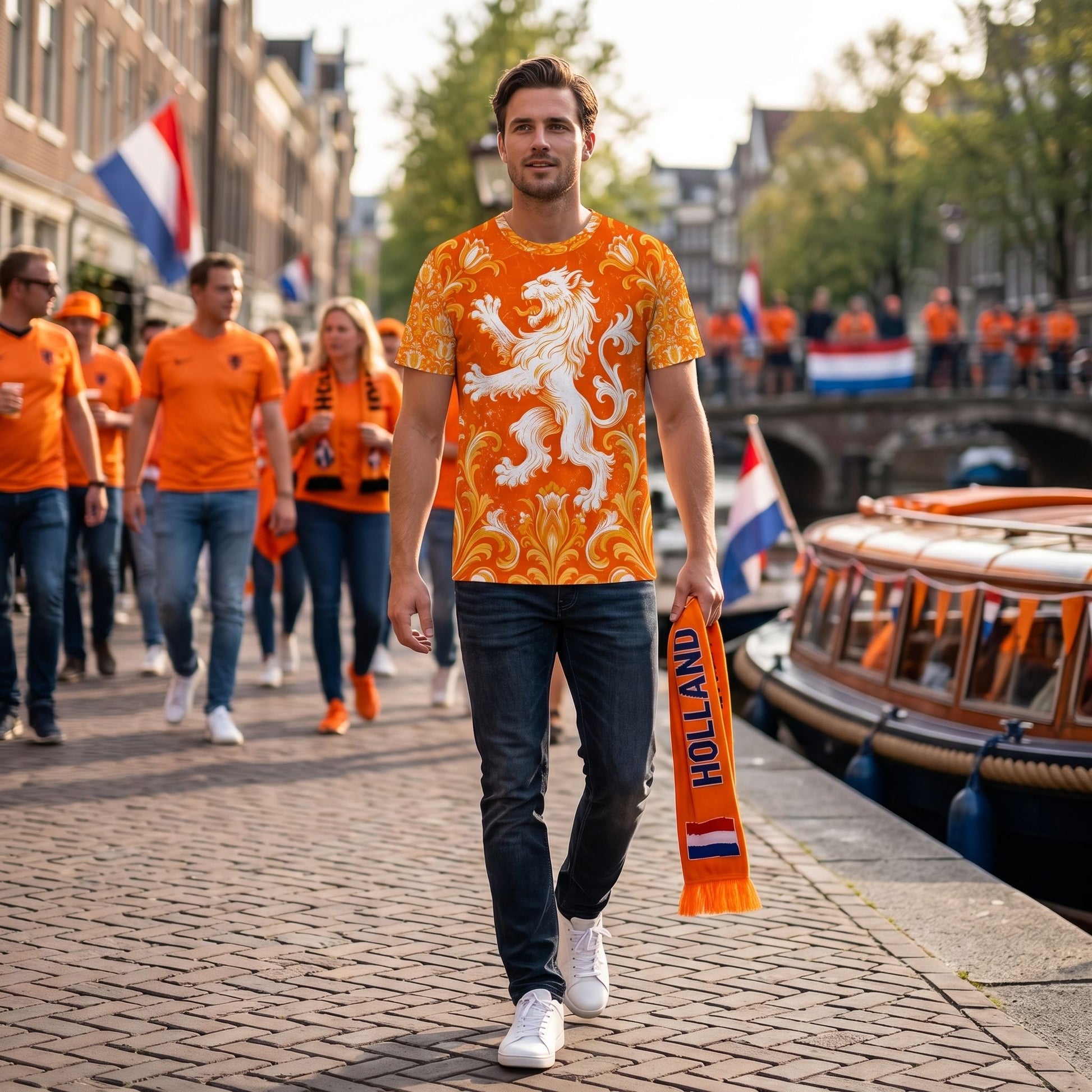 Model wearing Netherlands football fan jersey outdoors, highlighting bold print and bright colors in natural daylight with urban Dutch fan culture hints.
