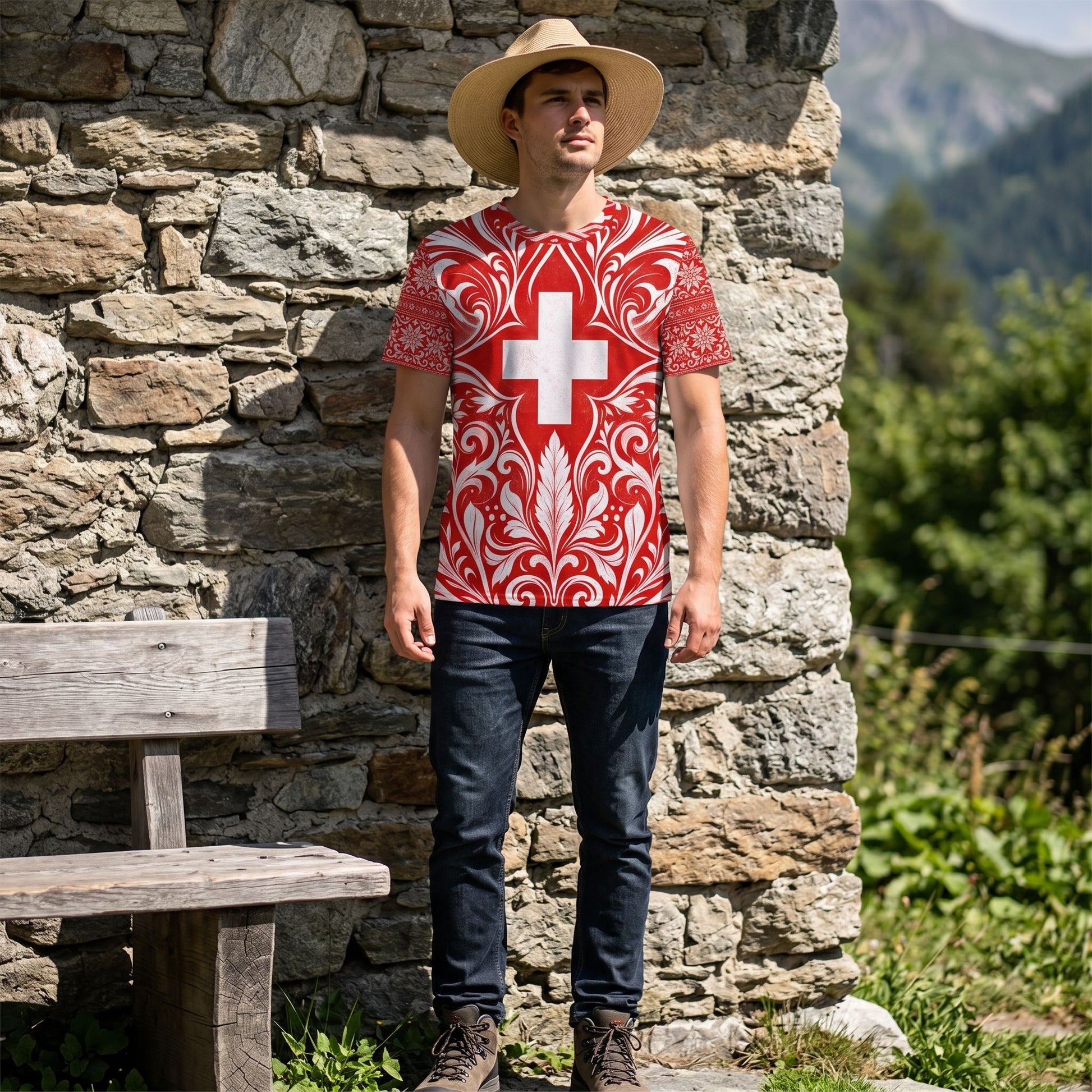 Model wearing Switzerland football jersey in outdoor rustic setting showcasing full garment design.