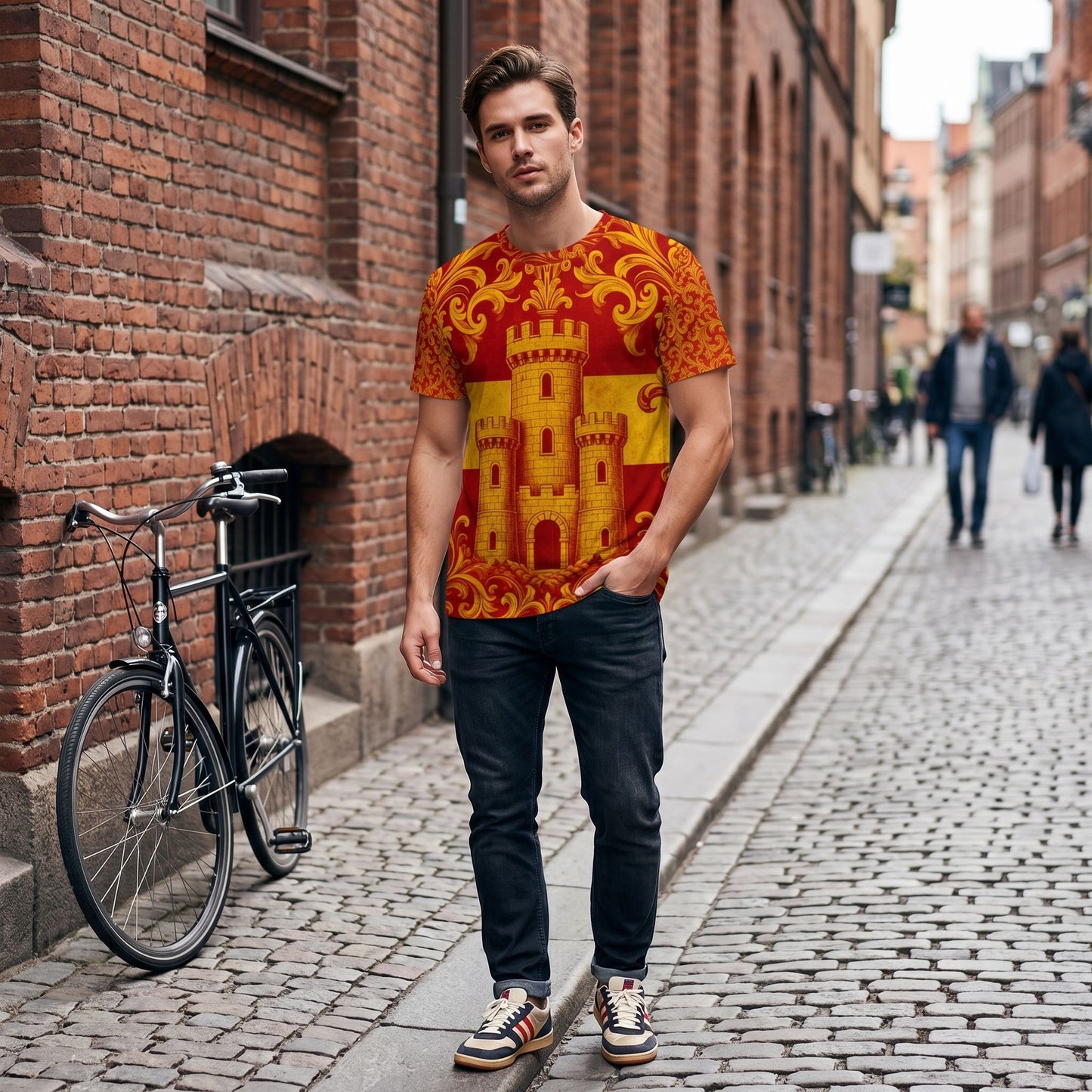 Full-body shot of model wearing Spain Football Fan Jersey on city street, highlighting the edge-to-edge print and streetwear vibe.