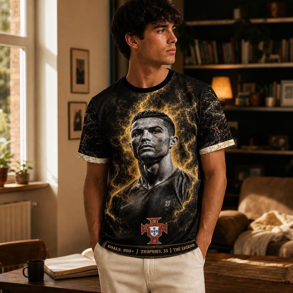 Model in relaxed home environment showcasing oversized Cristiano Ronaldo shirt with intricate full-surface design and warm lighting.