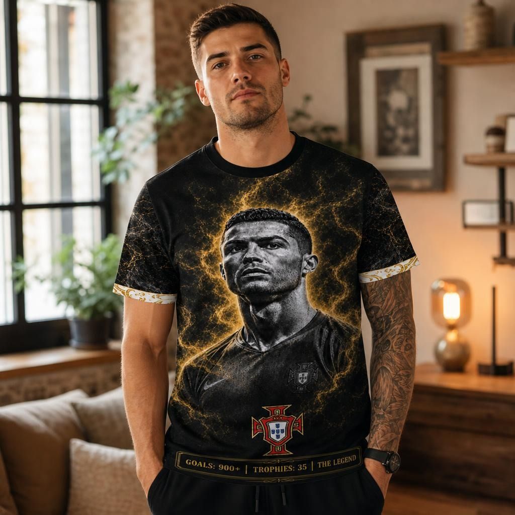Casual model wearing Cristiano Ronaldo Legend all-over print shirt in a warm indoor setting, highlighting vivid colors and relaxed fit.