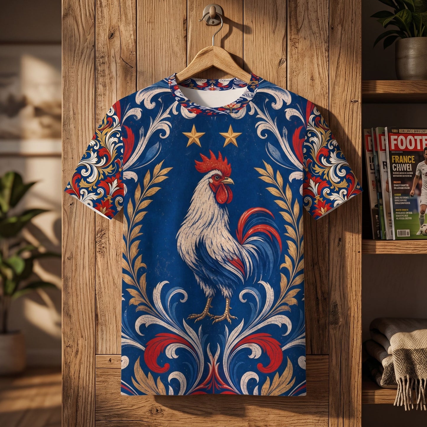 Indoor scene with the jersey displayed on a wooden hanger, emphasizing vivid colors and fabric texture in a cozy setting.
