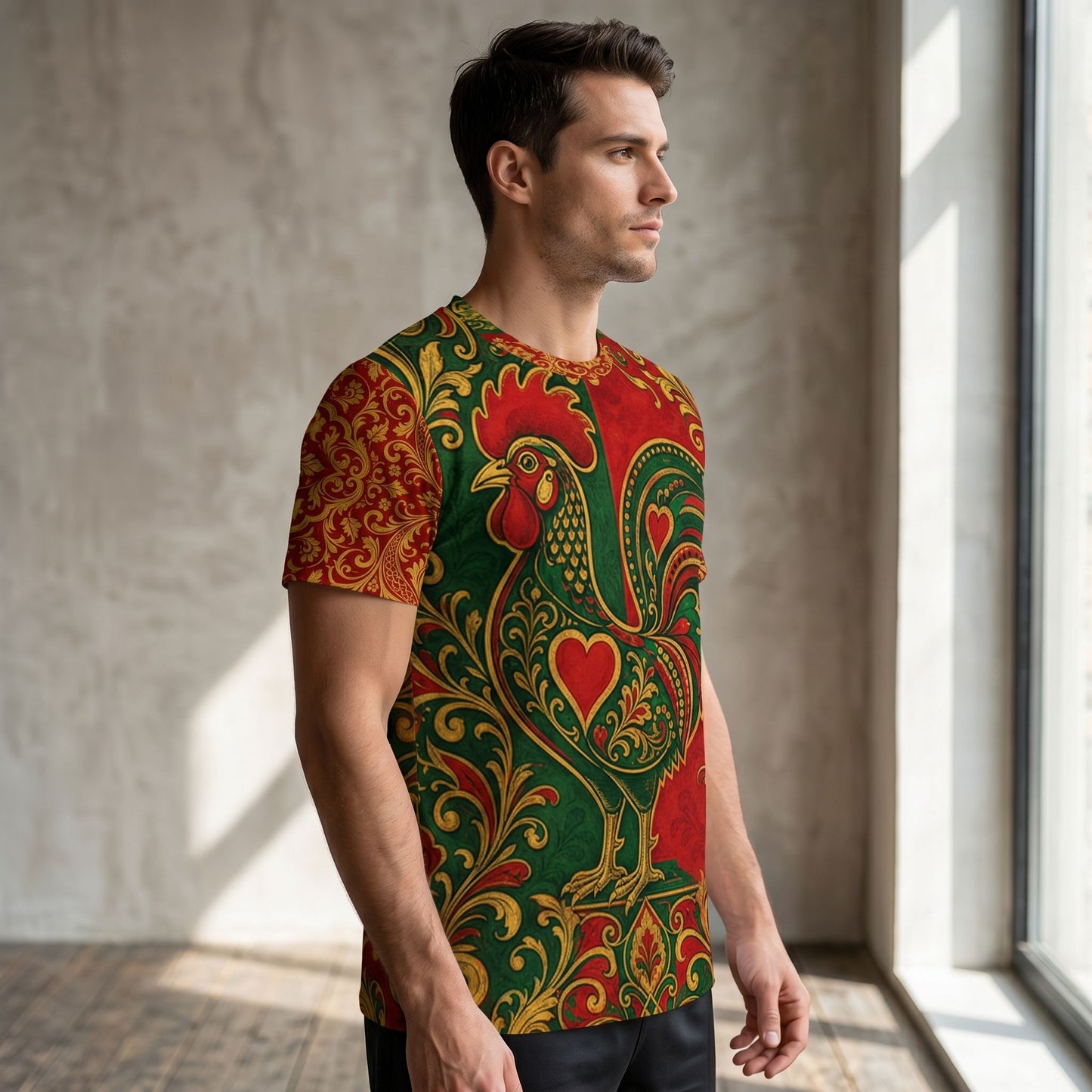 Indoor profile shot of Portugal football jersey emphasizing Azulejo ornamentation and heritage symbols.