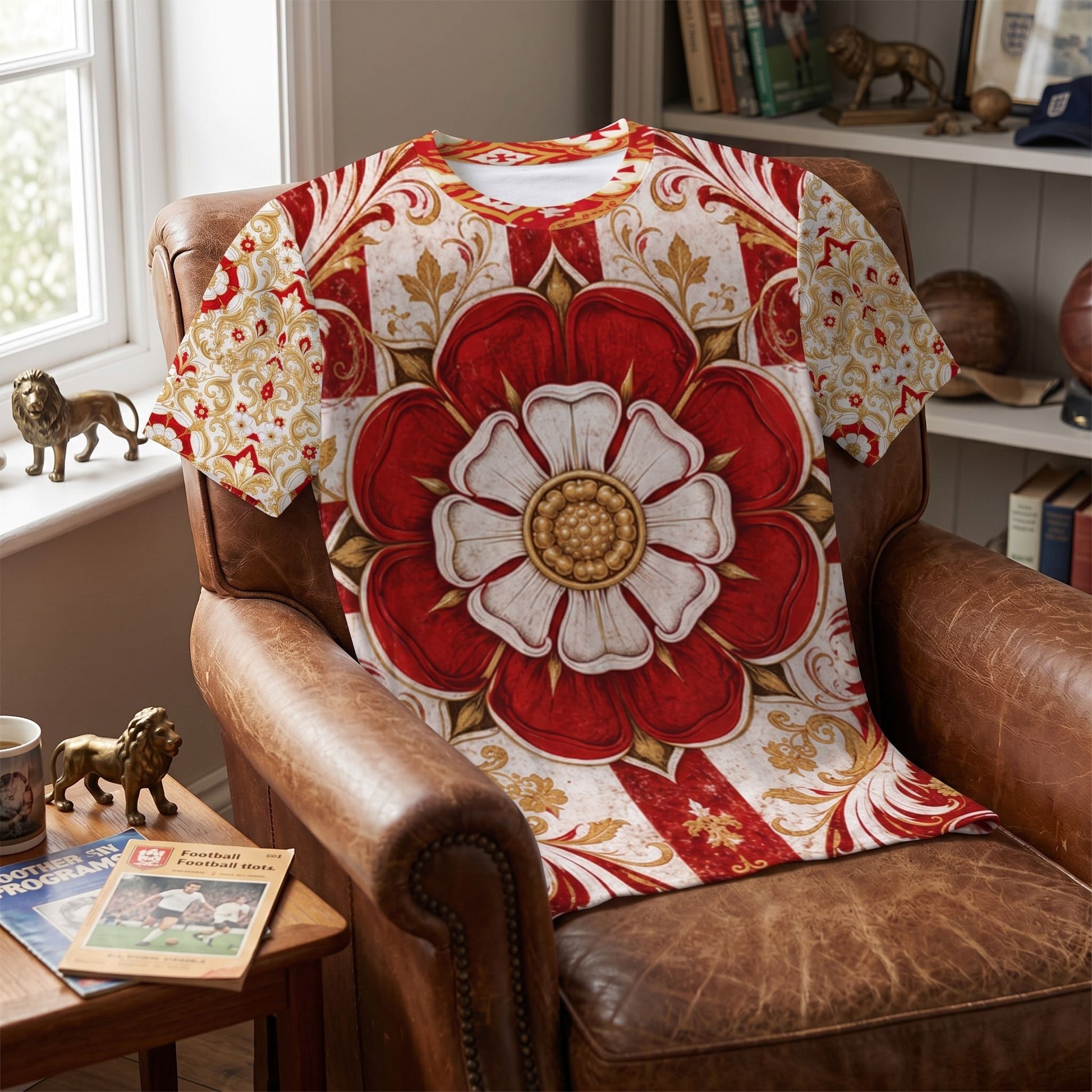 England football jersey displayed over vintage leather armchair in cozy home, emphasizing heritage print and bold colors.