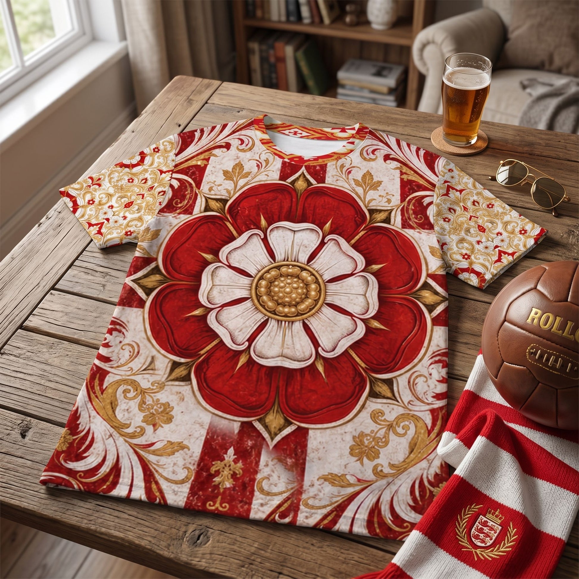 England Football Fan Jersey laid flat on wooden table with fan props, emphasizing product details and casual style.