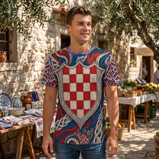 Male model wearing Croatia heritage T-shirt with full-bleed pattern, standing outdoors in market setting with textured stone walls.