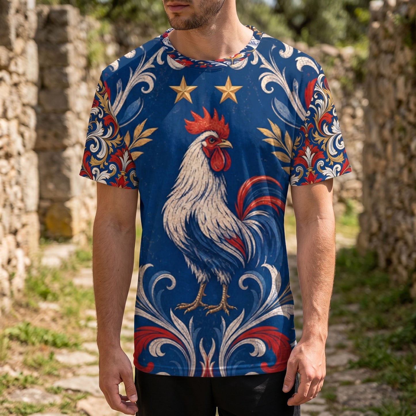 Full-body shot of a male wearing the France Football Fan Jersey outdoors, showcasing the vibrant print and comfortable fit.