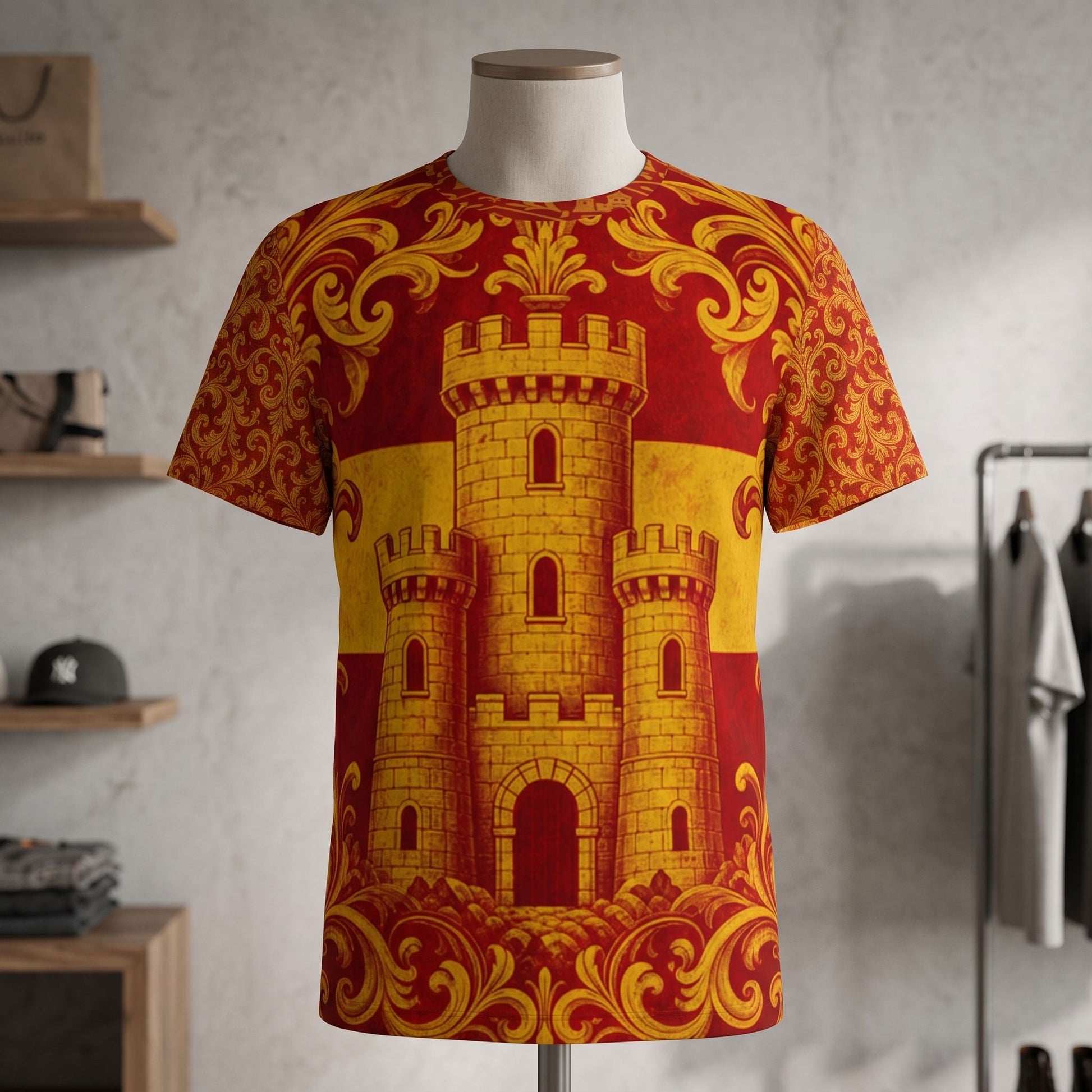 Mannequin wearing Spain football jersey in minimalist indoor setting, focusing on heraldic castle and scrollwork details.