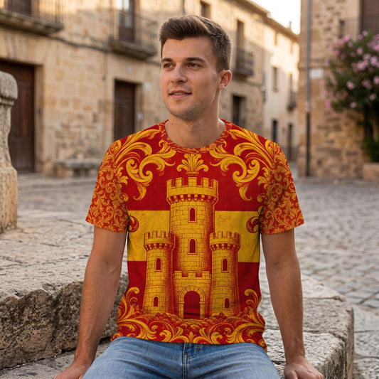 Model seated on rustic surface wearing Spain football jersey, focusing on chest detail with heraldic castle and ornate design.