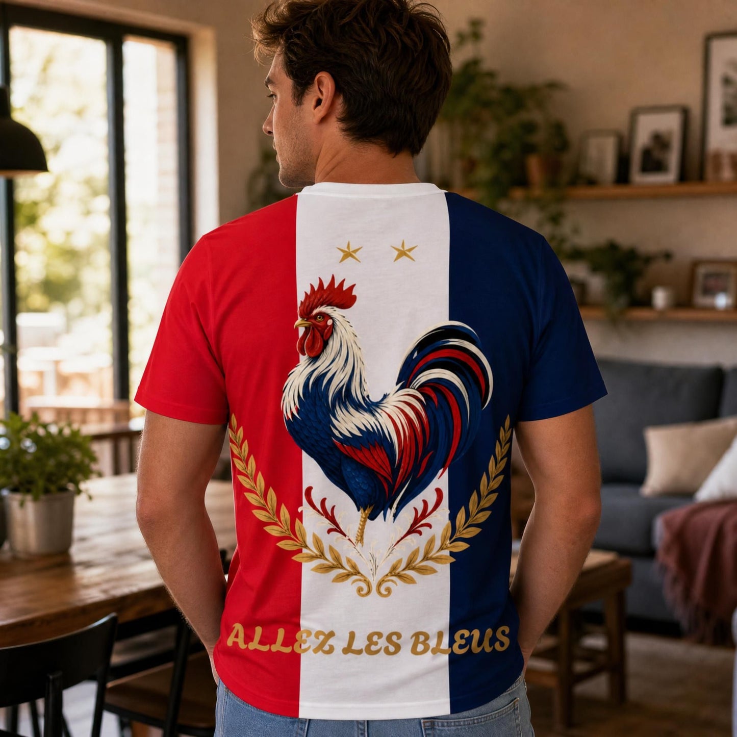 Model wearing France Rooster Fan Shirt in a relaxed indoor scene with natural light, emphasizing the vibrant back print and comfortable fit.