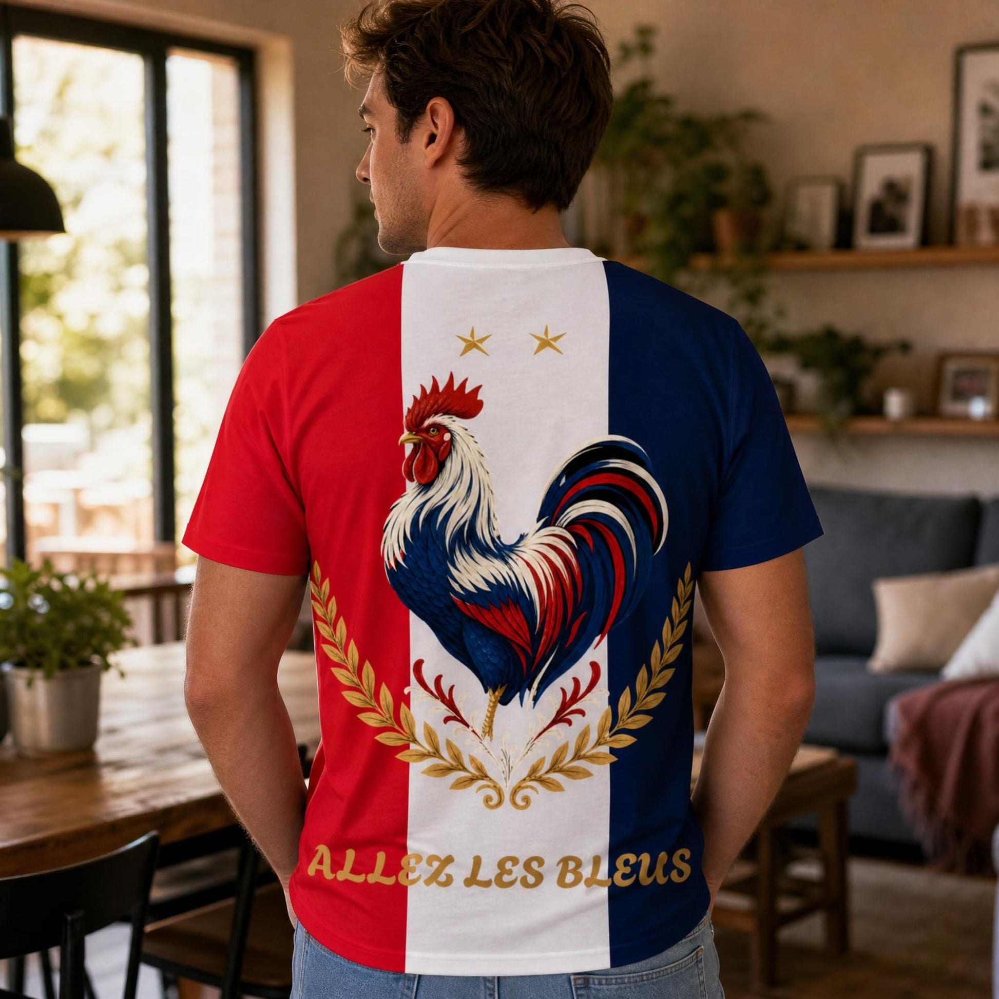 Model wearing France Rooster Fan Shirt in a relaxed indoor scene with natural light, emphasizing the vibrant back print and comfortable fit.