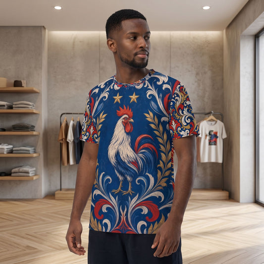 Inside a stylish clothing boutique, a model displays the France Football Jersey with detailed all-over print on a wooden floor.