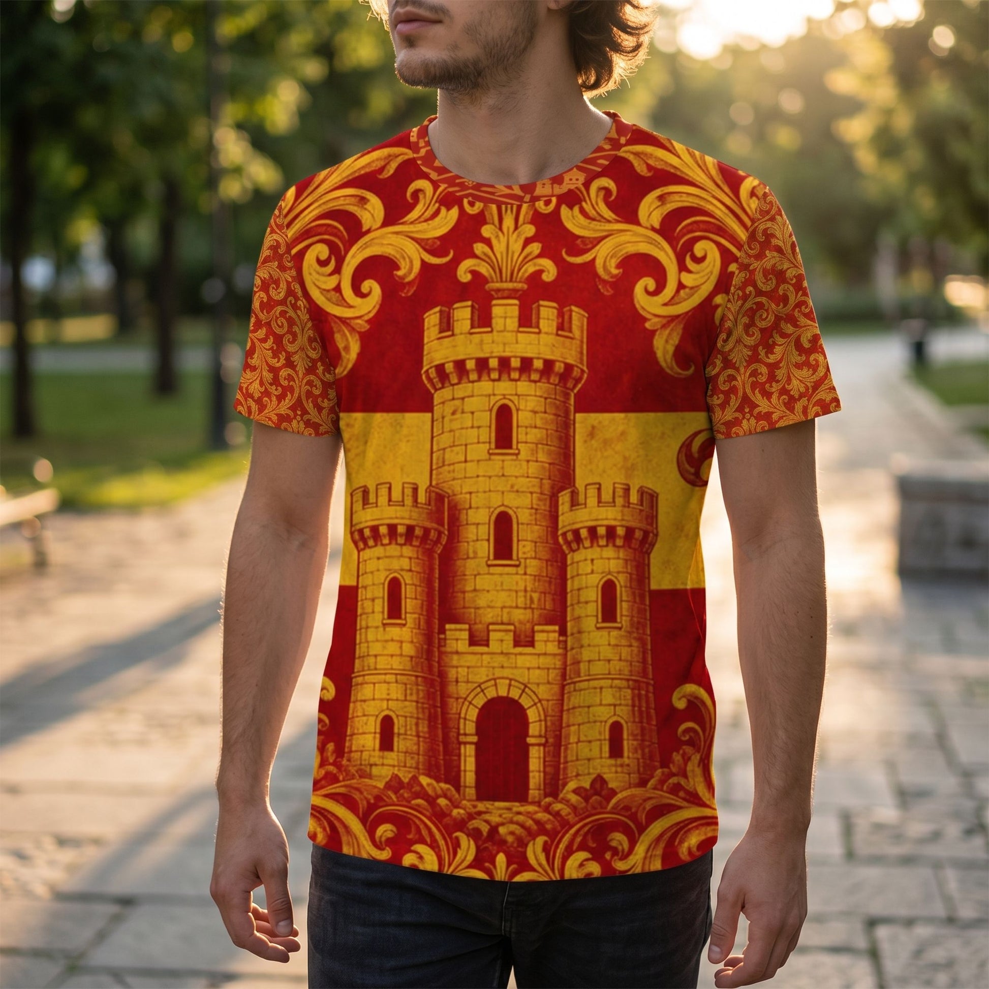 Model walking outdoors in Spain Football Fan Jersey during golden hour, showcasing vibrant heritage design in natural setting.
