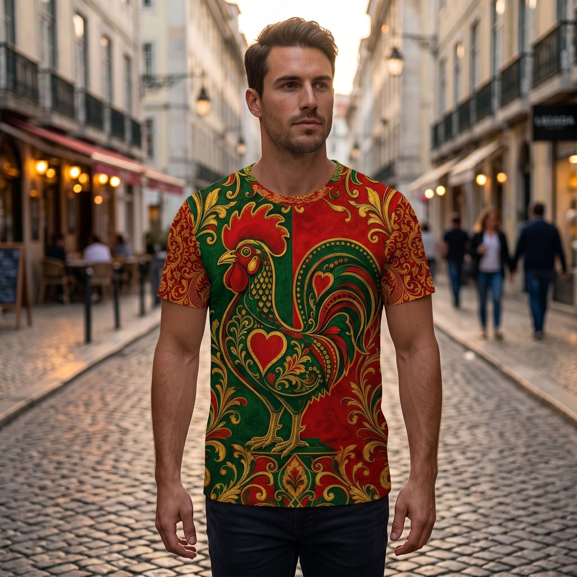 Full-body view of Portugal football jersey worn by a model on a city street at dusk, highlighting fit and vibrant colors.