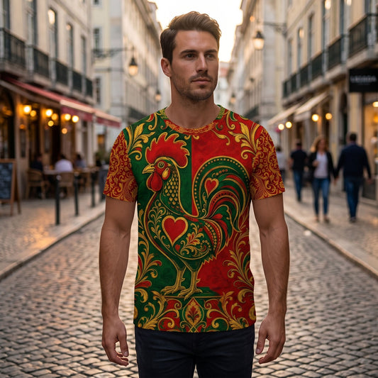 Full-body view of Portugal football jersey worn by a model on a city street at dusk, highlighting fit and vibrant colors.