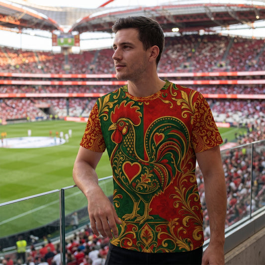 Close-up of Portugal football fan jersey showing vibrant all-over sublimation print with symbols and colors.