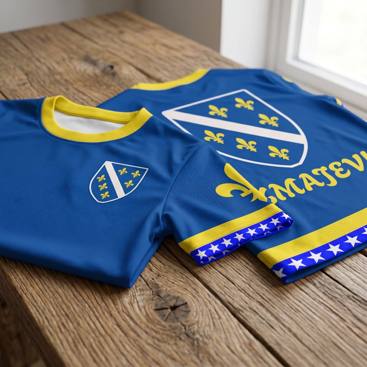 Flat lay of Bosnia football jersey on wooden surface emphasizing vibrant colors and fabric texture.