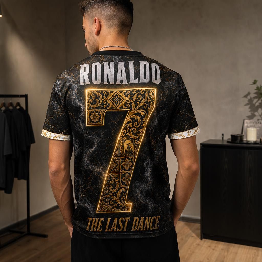 T-shirt displayed on hanger in a retail environment, showing the full back print with detailed textures and high-quality fabric.